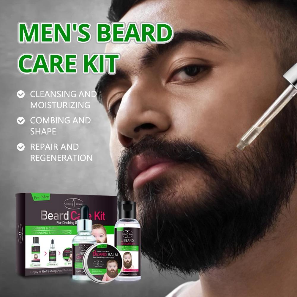 Aichun Beauty Black Beard Grow Oil Set Promotes Growth & Repair Damaged Beard Clean Moisturizing Beard Care Kit for Men