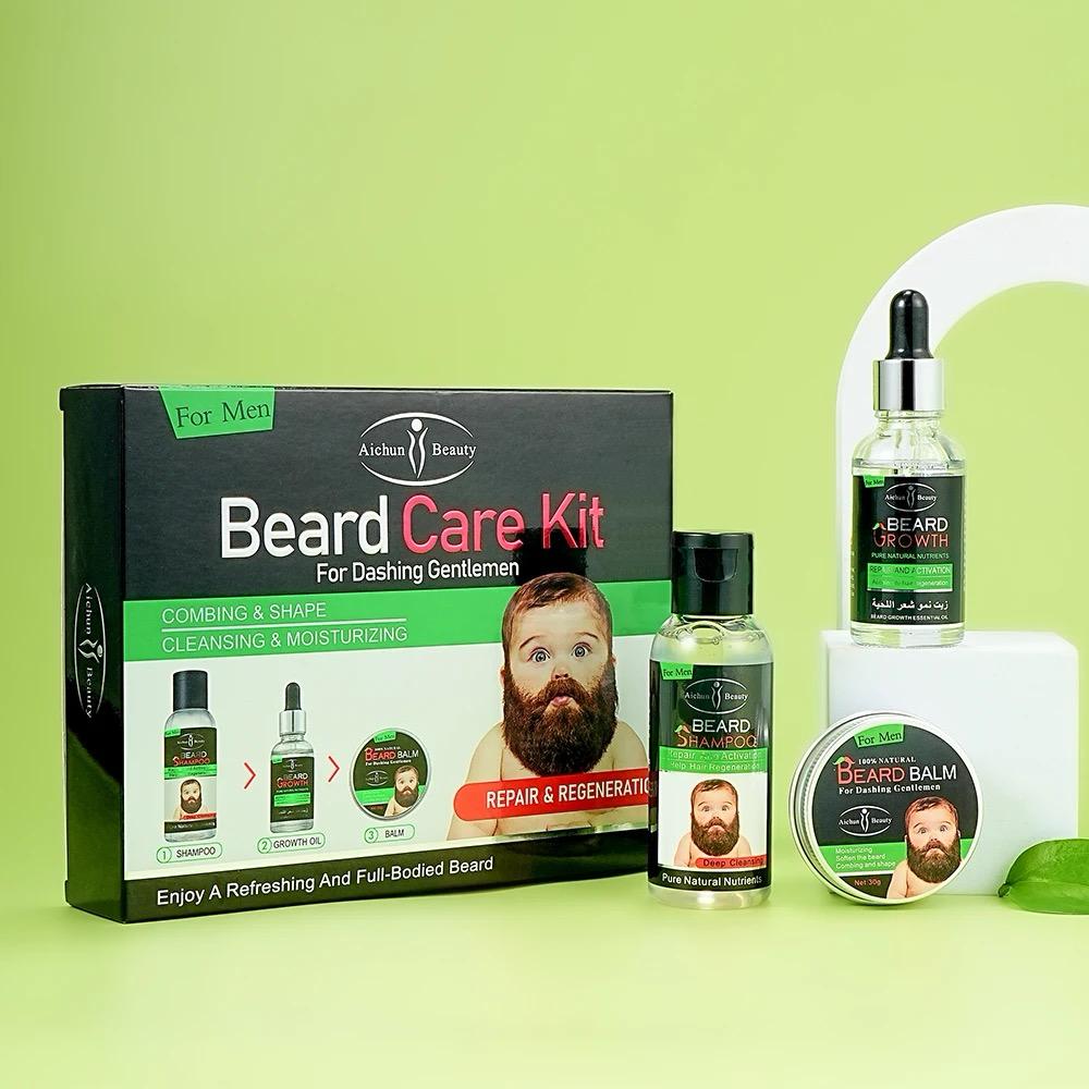 Aichun Beauty Black Beard Grow Oil Set Promotes Growth & Repair Damaged Beard Clean Moisturizing Beard Care Kit for Men