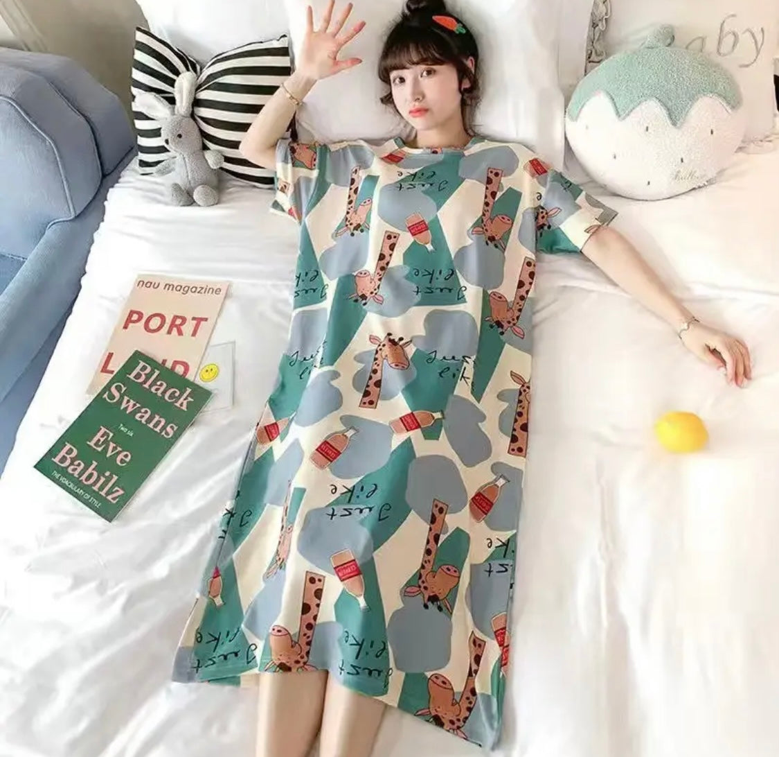 Summer Cute Cartoon Women Sleepwear Thin Short Sleeve Printing Nightdress Women's Nightgown Sleepwear Night Dress Loungewear Size - M  X4625027
