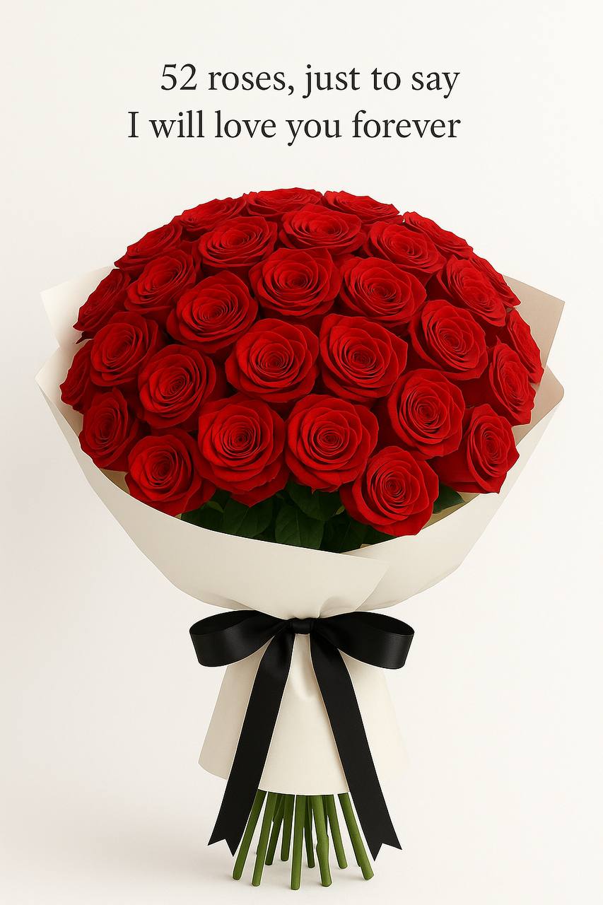 “Forever Love” – 52 Red Rose Bouquet | Elegant Hand-tied Floral Gift for Anniversaries & Special Moments